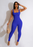 Women's solid color sleeveless vest jumpsuit with threaded square neck, open back, buttocks, and slim fitting jumpsuit