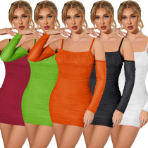 Mesh fishbone nightclub solid color long sleeved suspender dress