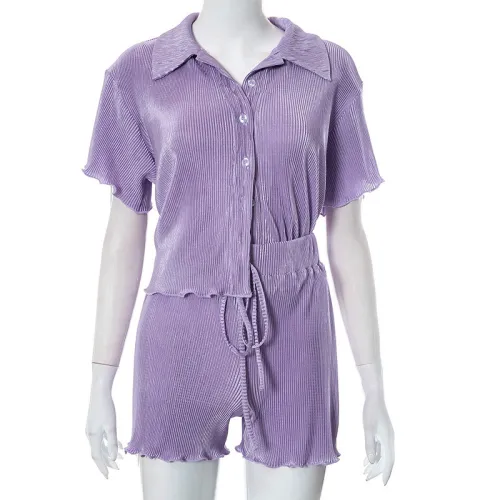 Lapel Collar Wooden Ear Edge Top Drawstring Shorts Casual Set