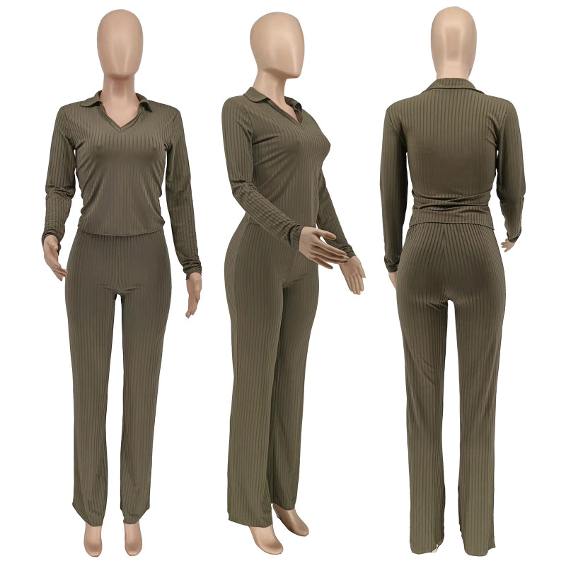 Women's wear pit stripe long sleeved temperament commuting solid color two-piece set