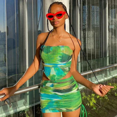 Two piece set of patchwork color contrast chest wrap waistband irregular navel exposed vest+high waist pleated buttock wrap skirt