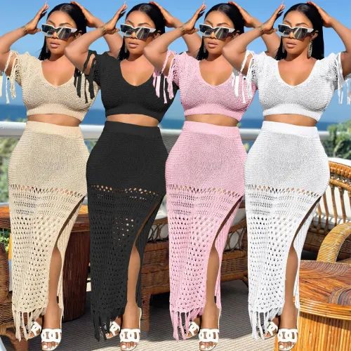 Casual Sexy Split Wool Knitted Hand Hook Knitted Tassel Two Piece Set