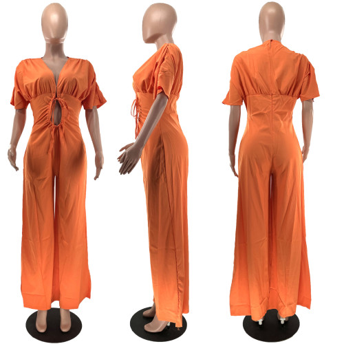 Women's Solid Color Sexy V-Neck Bat Sleeve Strap Jumpsuit