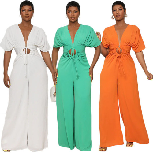 Women's Solid Color Sexy V-Neck Bat Sleeve Strap Jumpsuit