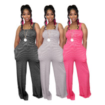 Striped Pocket Loose Long Strap Jumpsuit
