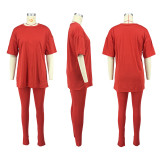 Slim Fit Pants Short Sleeve Sport Solid Color Set