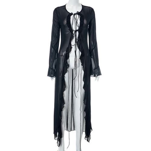 Solid Color Sexy Strap Mesh Perspective Umbilical Long Sleeve Long Dress