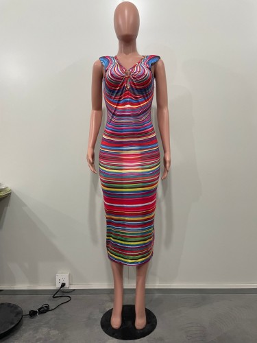 Printed Sleeveless Shoulder Pad Dress