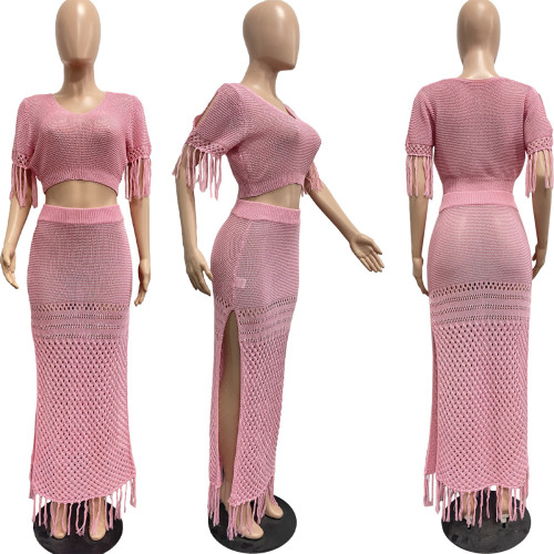 Casual Sexy Split Wool Knitted Hand Hook Knitted Tassel Two Piece Set