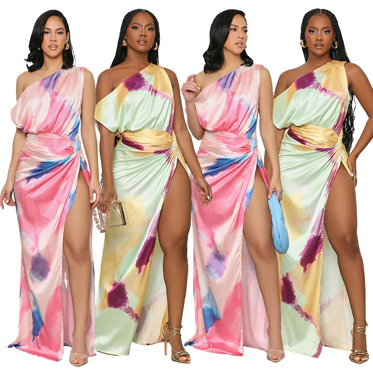 Sexy Sleeveless Vibrant Colorful Gradient Split Dress for Women  BF1155