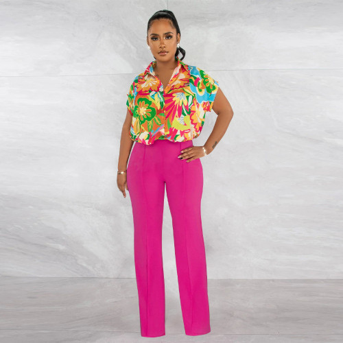 Printed shirt straight leg pants set K10538