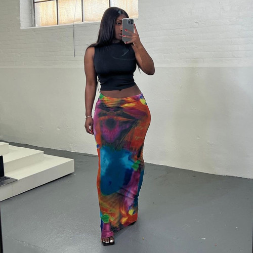 Leisure Colored Print Open Umbilical Slim Fit Wrap Hip Length Half length Skirt