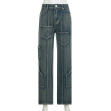 Street Style Design Asymmetric Pocket Panel Pants Retro Retro Retro Fashion Low Waist Loose Fit Jeans