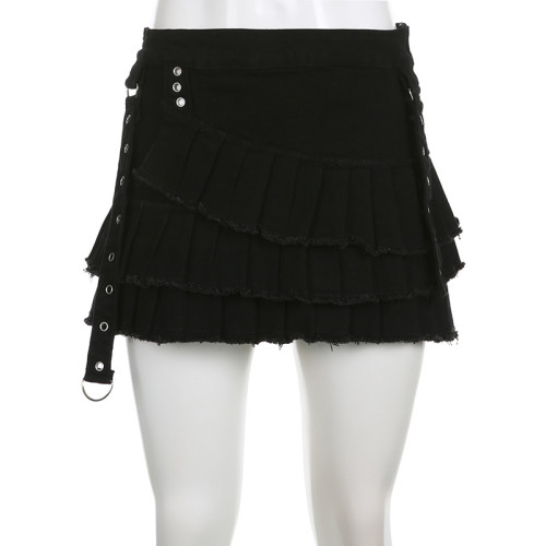 Asymmetric pleated stitching high waisted A-line denim skirt short style