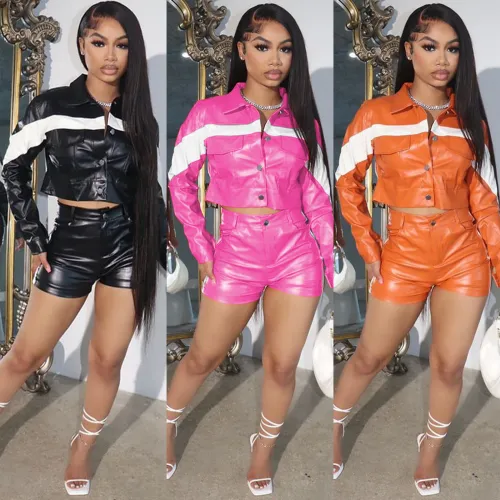 Leather contrasting buckle lapel workwear two-piece set
