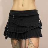 Asymmetric pleated stitching high waisted A-line denim skirt short style