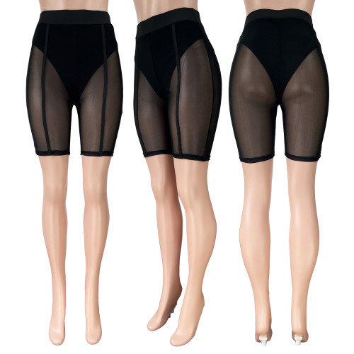Fashion Women's Sexy Mesh Nightclub Perspective Casual Tight Capris Shorts with Underwear