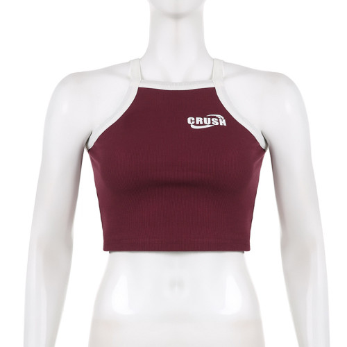 Slim Fit Short Sexy Spicy Girl Contrast Small Letter Printed Strap Tank Top