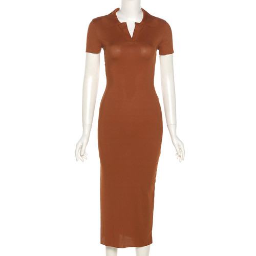 Women's Polo Neck Short Sleeve Sexy Open Back Fashion Slim Fit Split Dress