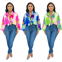 Bat sleeve top with lapel print shirt K10543