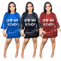 Fashionable round neck half sleeve loose beaded printed dress for women's party sequin style nightclub style CY900537