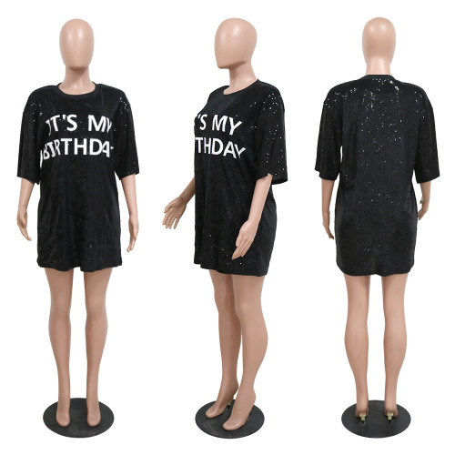 Fashionable round neck half sleeve loose beaded printed dress for women's party sequin style nightclub style CY900537