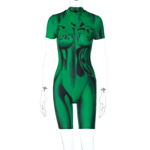 Fashion printed slim fitting round neck zippered short sleeved jumpsuit
