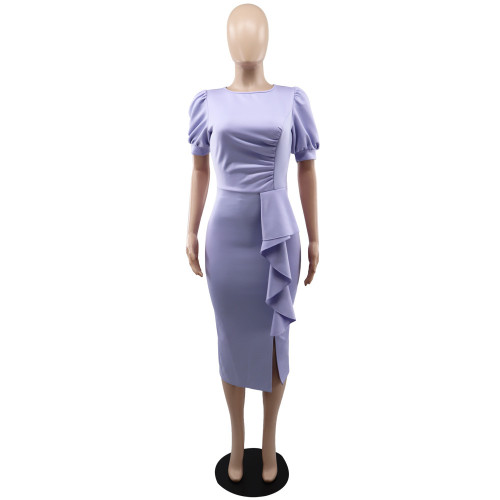 Women's Fashion Solid Color Pleated Split Casual Backless Sexy Bubble Sleeve Wrap Arm Dress