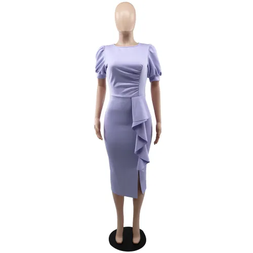 Women's Fashion Solid Color Pleated Split Casual Backless Sexy Bubble Sleeve Wrap Arm Dress