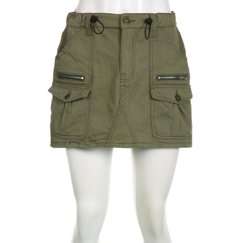 Basic solid color pocket stitching low waisted drawstring work dress, cool and straight casual denim short skirt