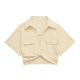 Multi color solid color versatile knot embellishments double pocket short sleeved short shirt