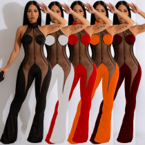 Women's Fashion Solid Color Mesh Splice Hanging Neck Open Back Strap Flare Hem Sexy Jumpsuit