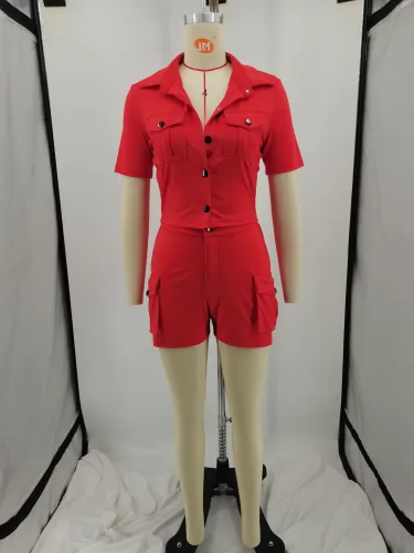 Women's Solid Color Casual Button Flap Pocket Collar Body Shirt Set of Two