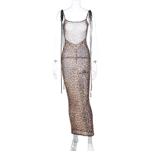 Fashionable and Sexy Open Back Perspective Mesh Lace up Dress