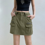 Basic solid color pocket stitching low waisted drawstring work dress, cool and straight casual denim short skirt