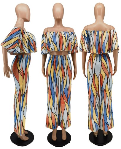 Women's fashion printed one shoulder wrap chest top loose wide leg pants two-piece set