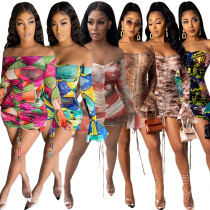 Sexy printed off shoulder strap pleated dress