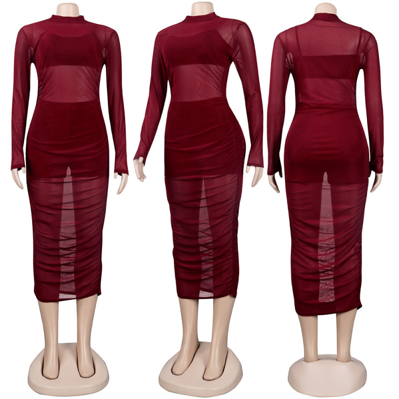 Medium length dress, solid color gauze mesh, three piece set for women