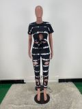 Women's digital printed irregular top lace hole casual two-piece set