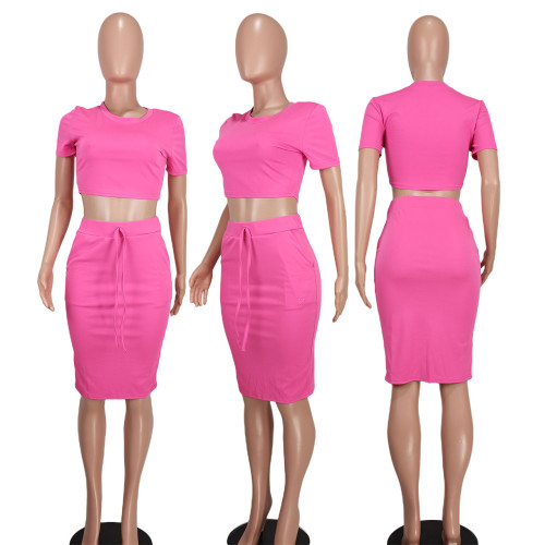 Sexy and fashionable bare waist solid color two-piece set