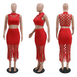 Fashion round neck sleeveless top with slim fitting A-line jumpsuit and hollowed out two-piece set