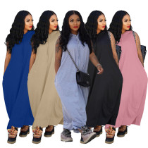 Fashion cape style sleeveless pocket loose fitting dress