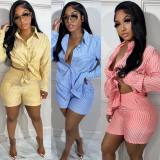 Casual shirt set, patch pocket, vertical stripe, summer thin two-piece set