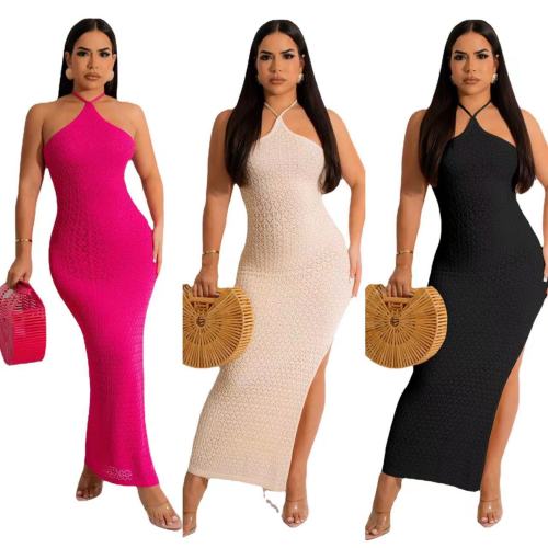 Sleeveless Temperament Split Knitted Dress Women's Hollow Out Hanging Neck Strap Sexy Open Back Qipao