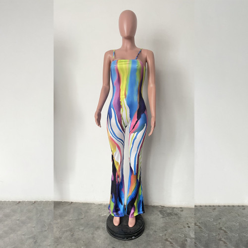 Sexy suspender graffiti positioning printed wide leg jumpsuit