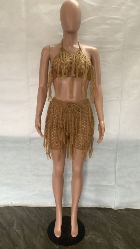Sexy Perspective Knitted Hand Hook Tassel Beach Shorts Set