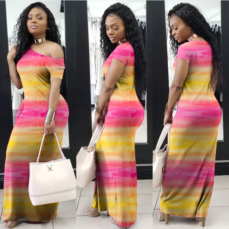 Casual fashion diagonal shoulder gradient multicolor dress