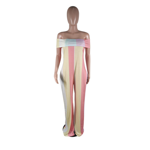 Fashionable and Sexy Off Shoulder Colorful Stripe Printed Jumpsuit