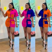 Women's color matching button work clothes, double pocket short sleeved short skirt, women's fashion casual suit skirt Women's color matching button work clothes, double pocket short sleeved short skirt, women's fashion casual suit skirt