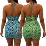 Fashion women's printed drawstring sexy two-piece dress set